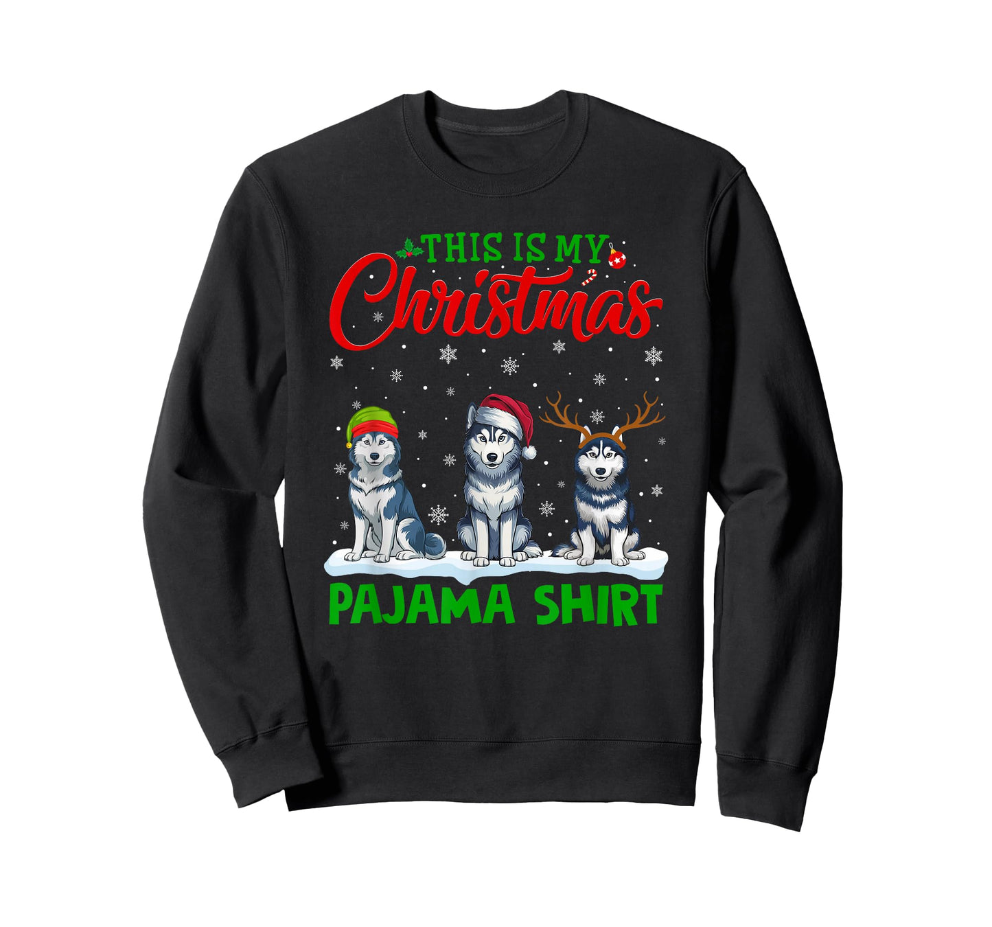 Xmas Santa Hat Reindeer Siberian Husky Dog Christmas Pajama T-Shirt