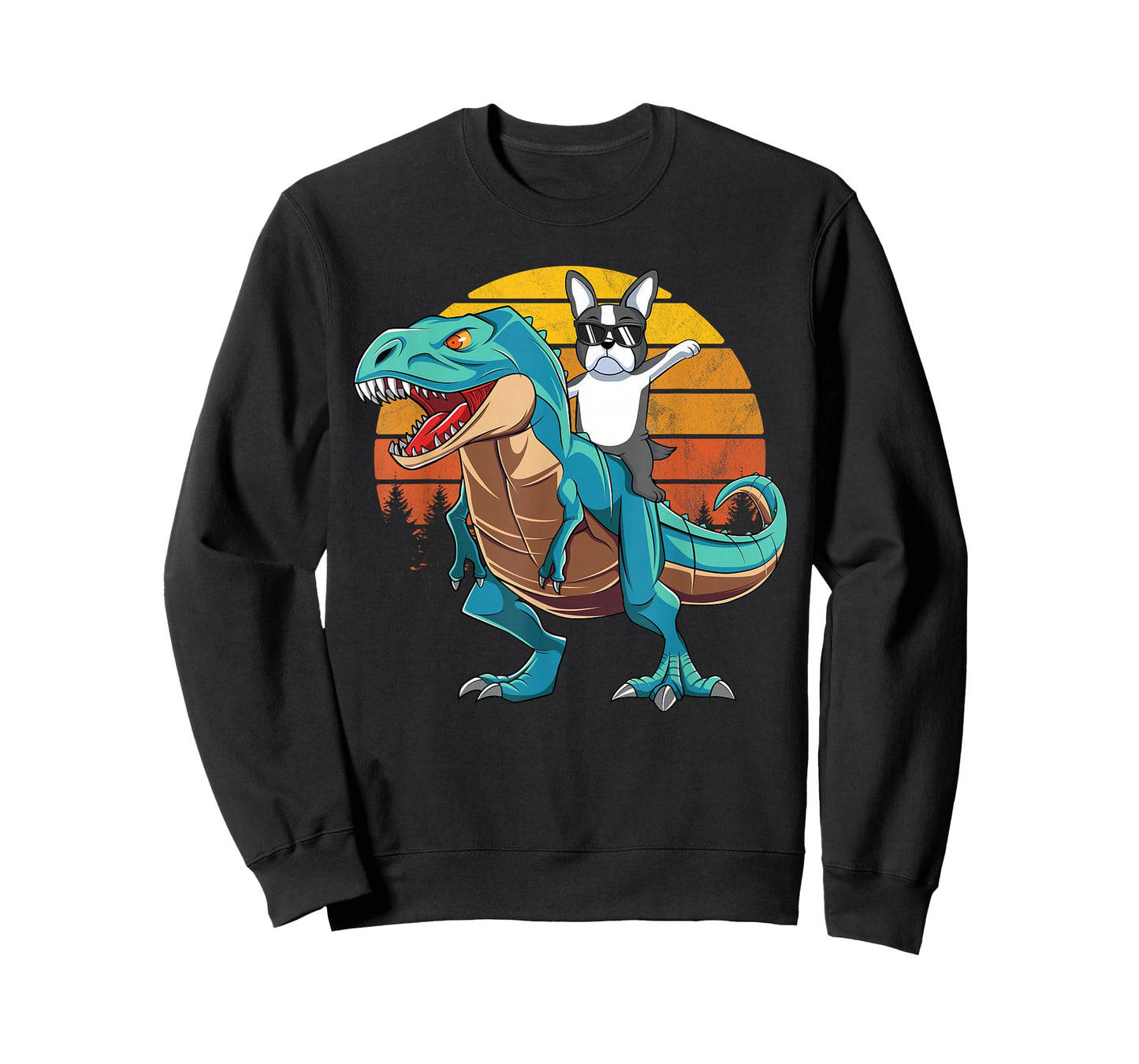 Boston Terrier Dog Riding Dinosaur T Rex Boys T-Shirt