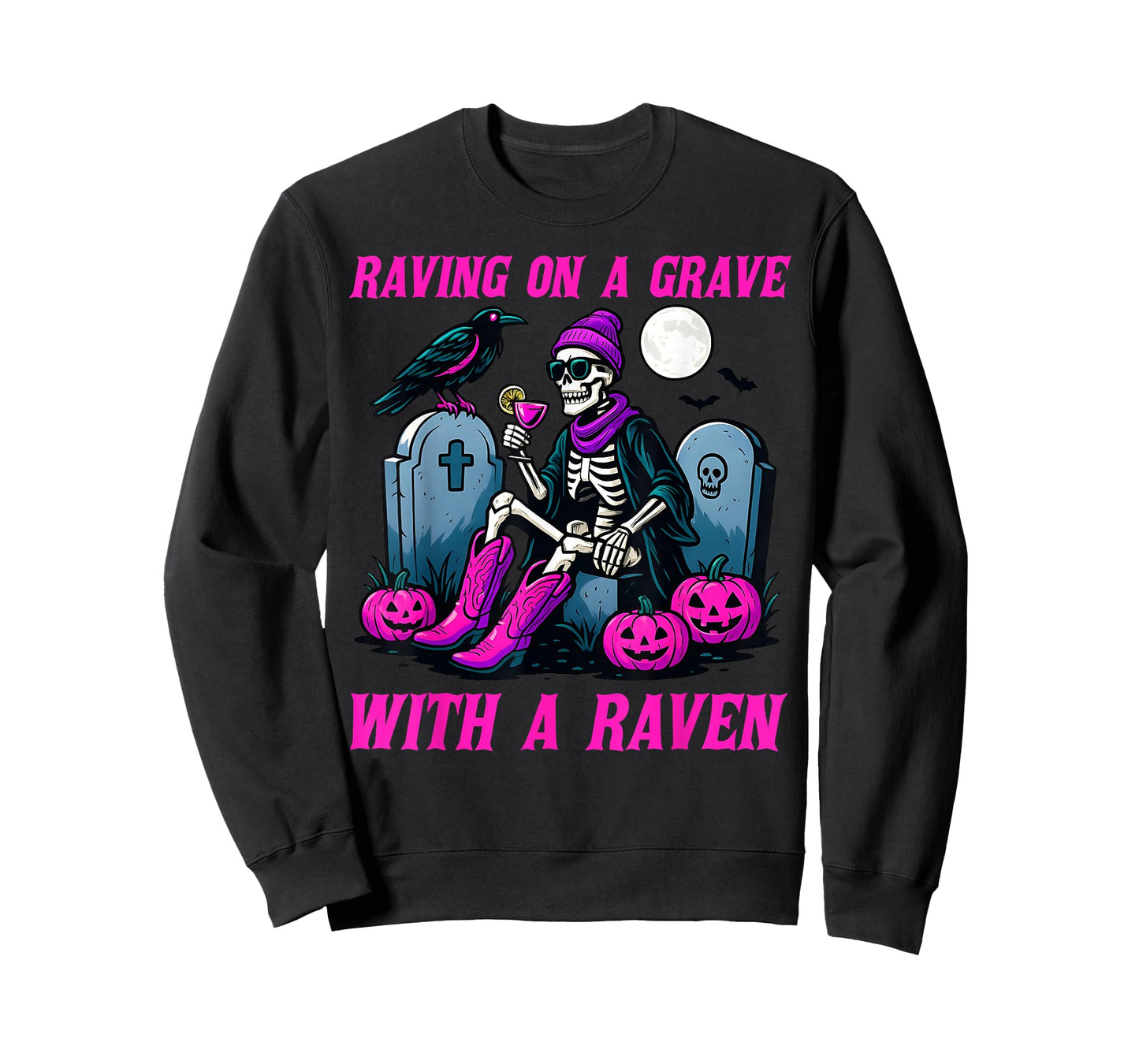 Raving on a Grave with a Raven Halloween Skeleton Party T-Shirt
