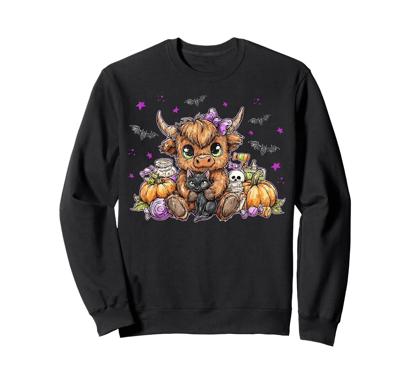 Retro Pumpkin Highland Cow Halloween Cow Lover Black Cat T-Shirt
