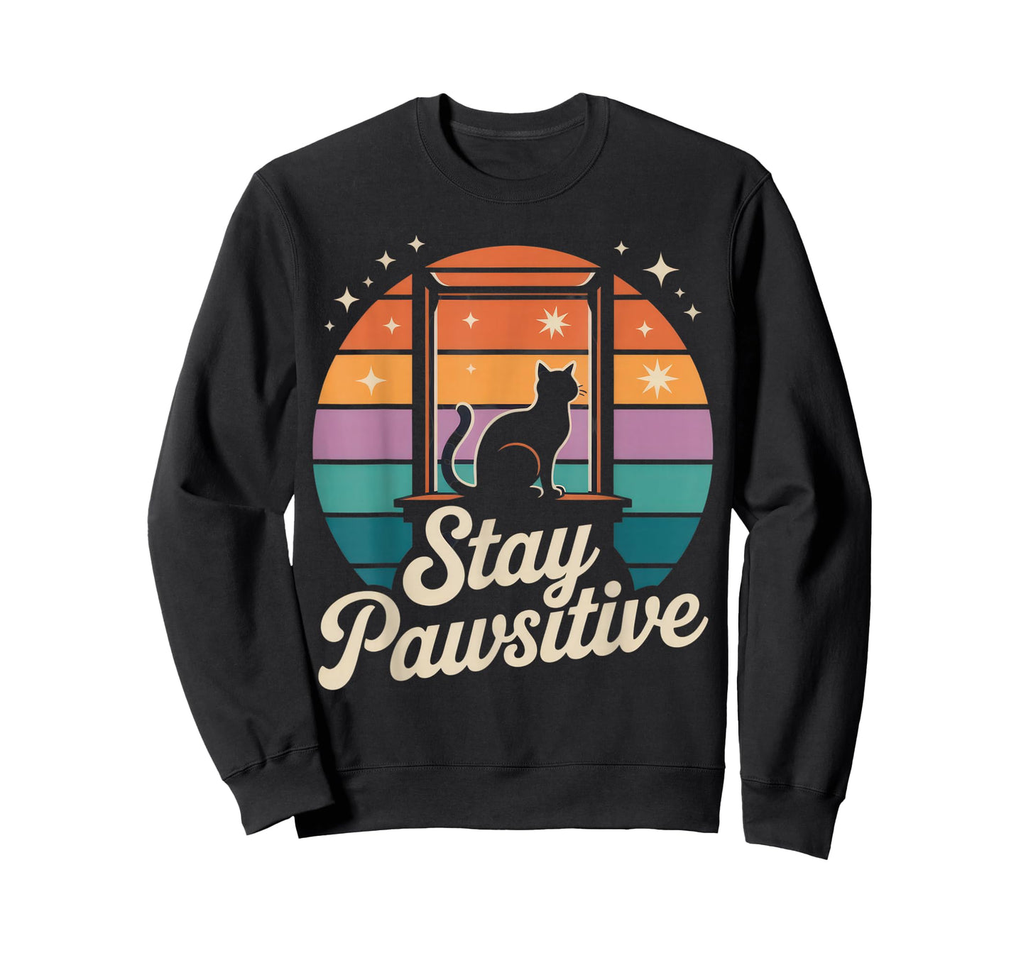 Stay Pawsitive Cat Silhouette Retro Sunset Outfit T-Shirt