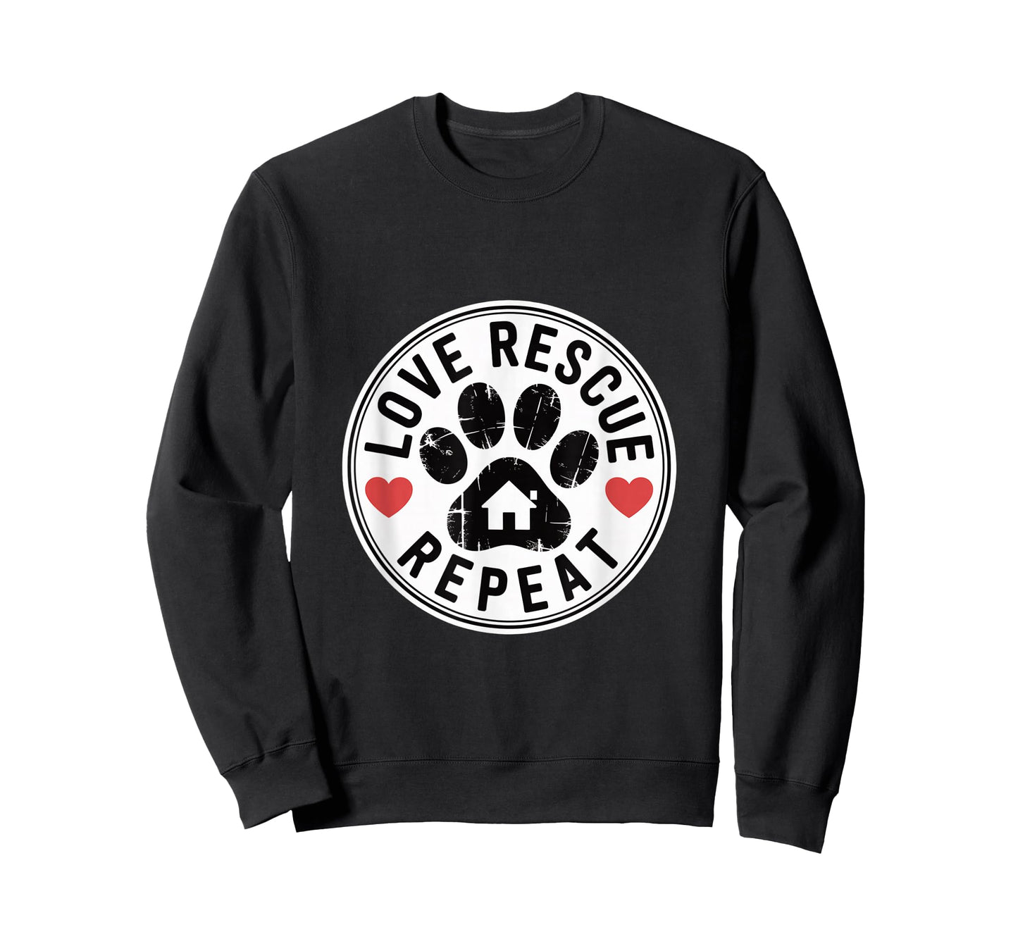 Love Rescue Repeat Paw Print Design with Hearts and Home T-Shirt