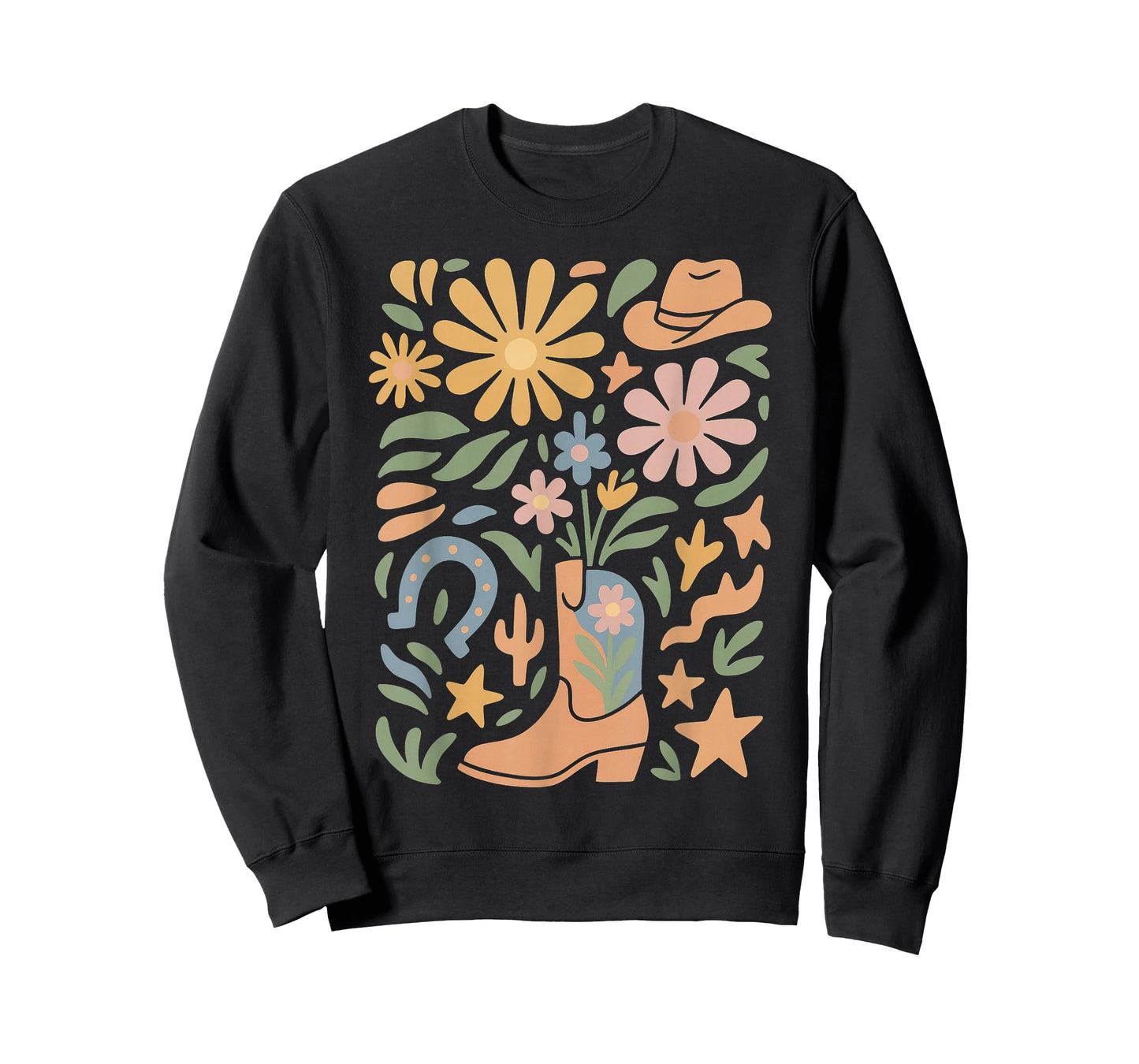 Boho Flowers Cowgirl Pink Boots Cow Skull Western Country T-Shirt