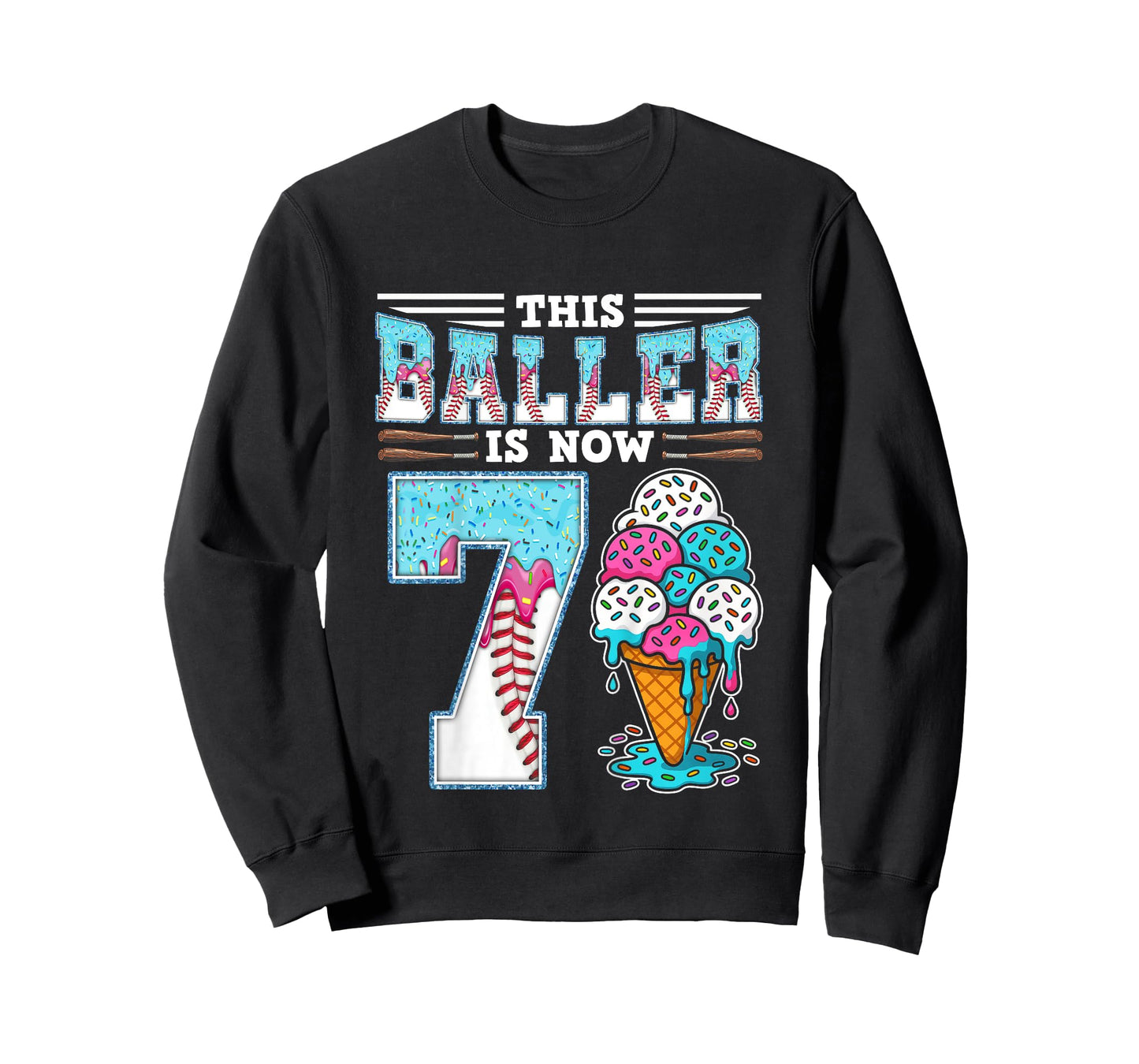 Kids Baller Is Now 7 Year Ice Cream Drip 7th Birthday Baseball T-Shirt