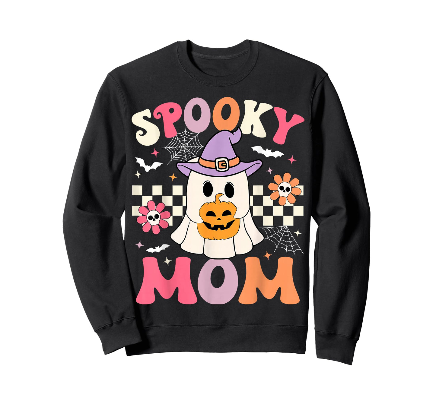 Groovy Spooky Mom Retro Ghost Holding Pumpkin Halloween T-Shirt