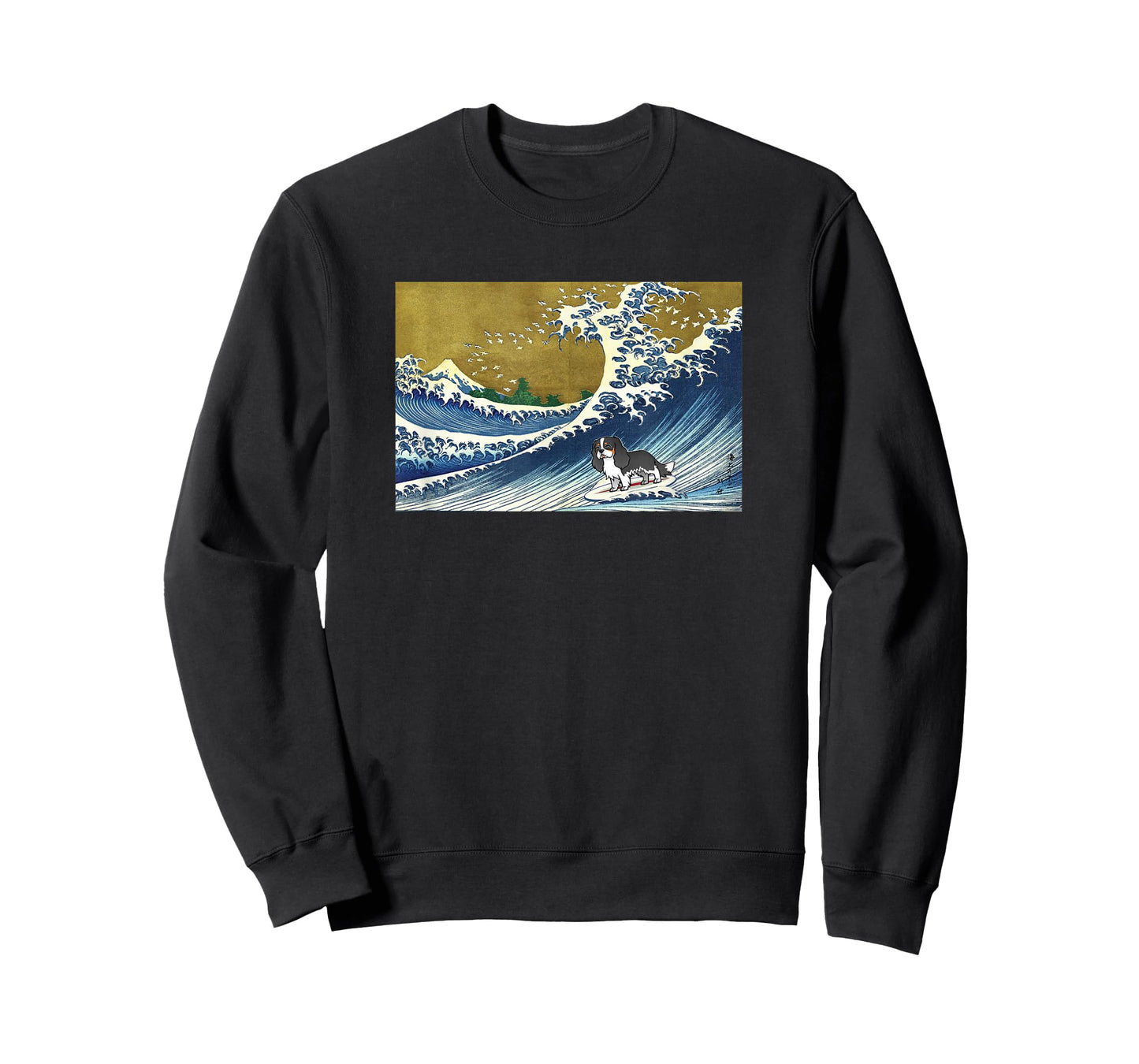 Funny Surfing A Great Great Wave Tricolor Cavalier Dog Lover T-Shirt