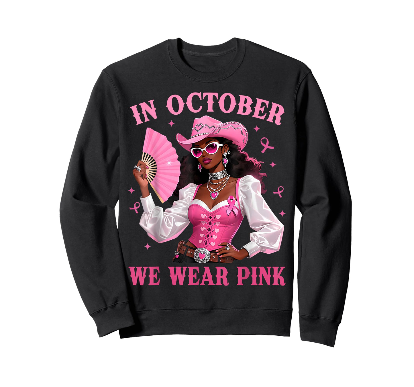 in October We Wear Pink Afro Western Cowgirl Breast Cancer T-Shirt