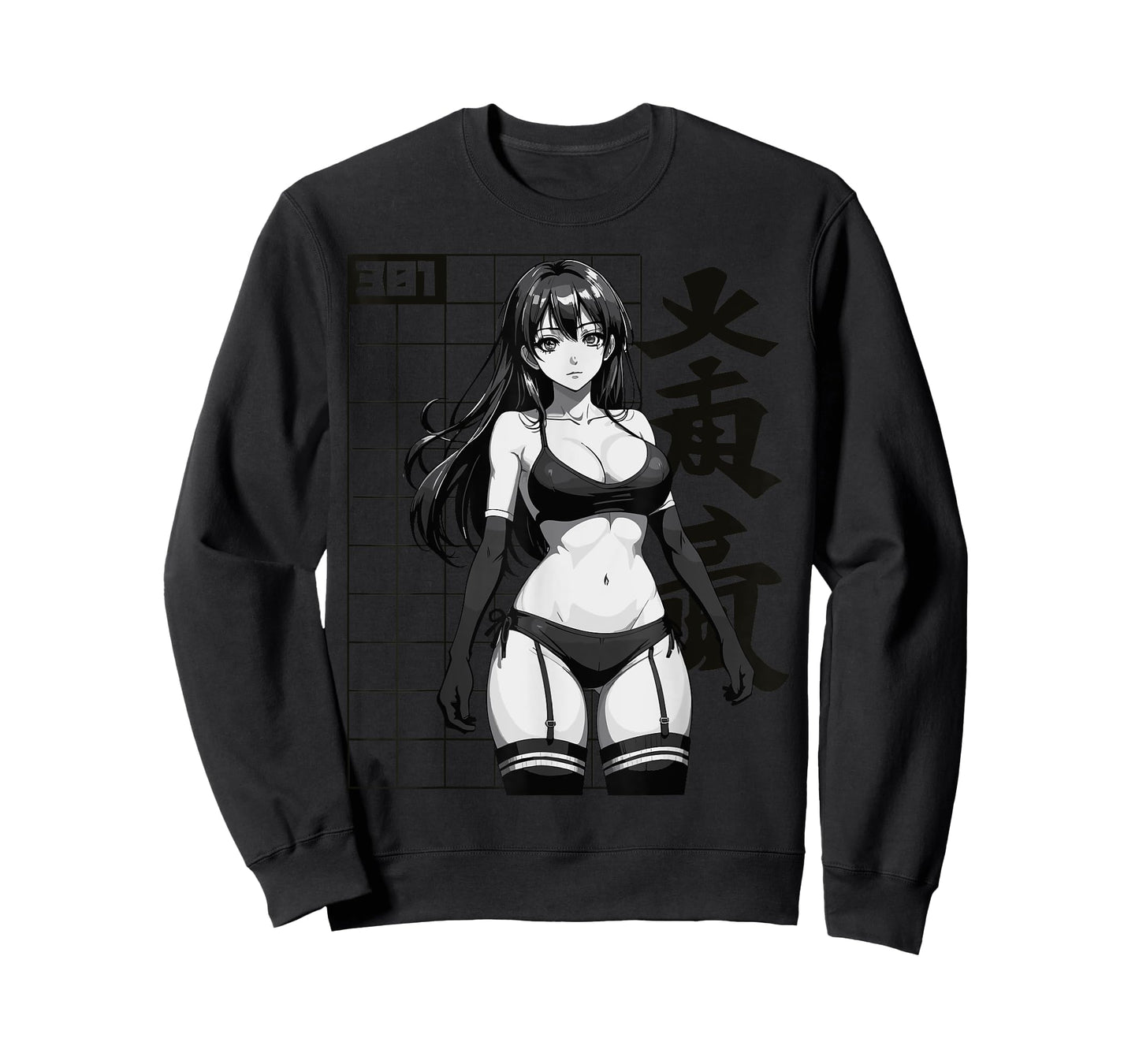 Sexy Waifu Otaku Anime Girl Japanese in Black and White Art T-Shirt