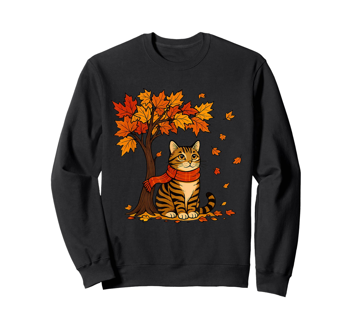 Autumn Cat Scarf Fall Vibes Falling Leave Tree Thanksgiving T-Shirt