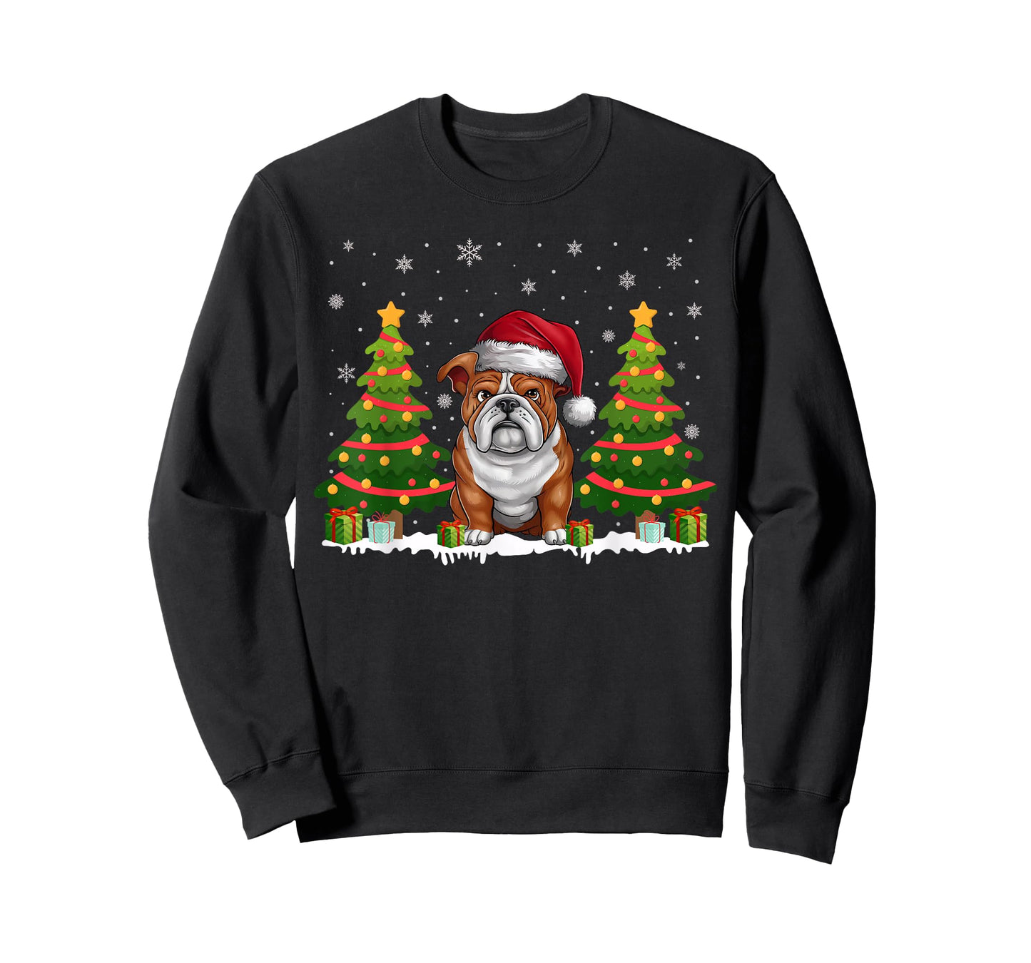 Xmas Tree Lights English Bulldog Santa Hat Christmas Sweater T-Shirt