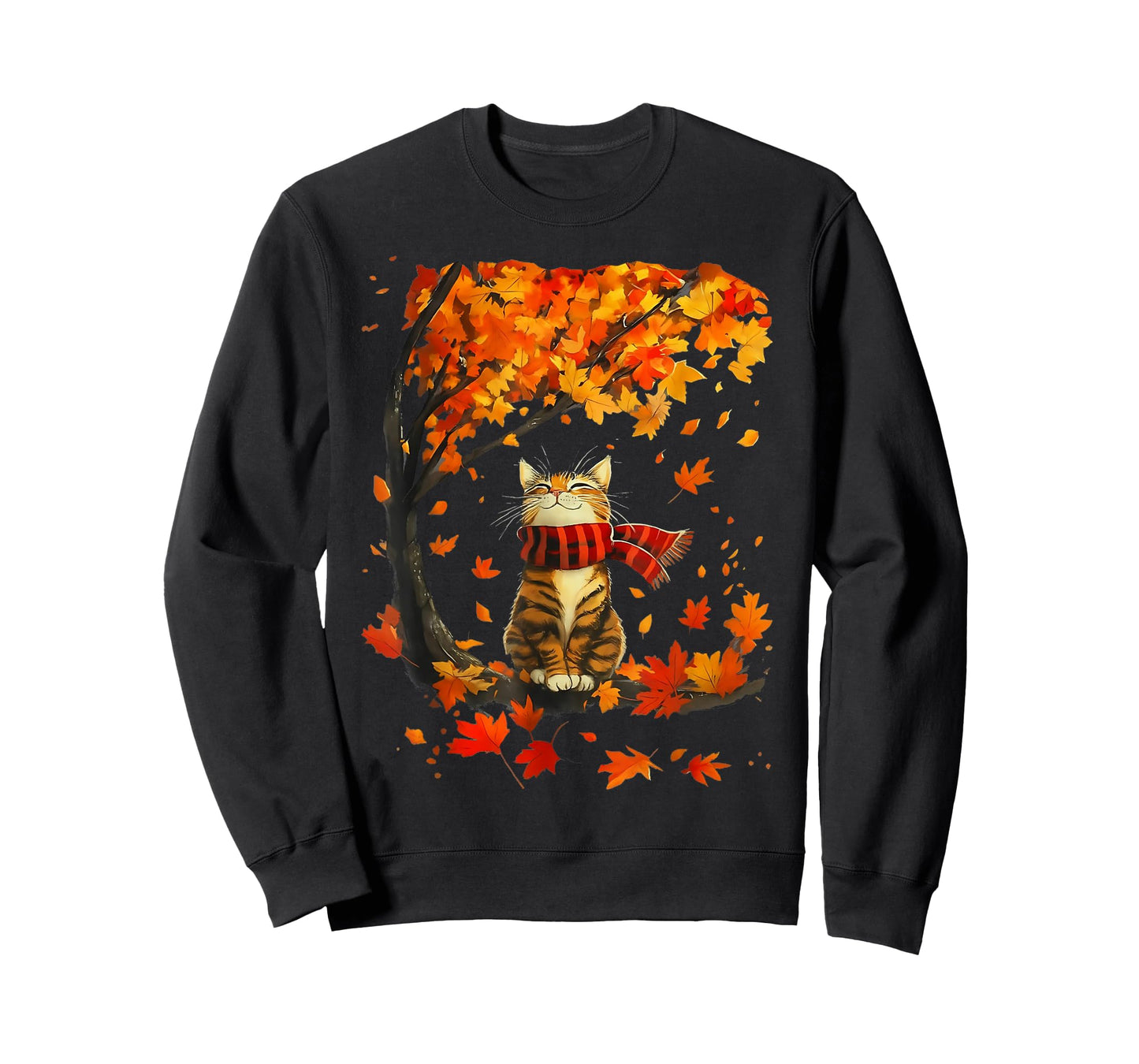 Cute Cat Leaf Fall Tree Hello Autumn Thanksgiving Retro T-Shirt