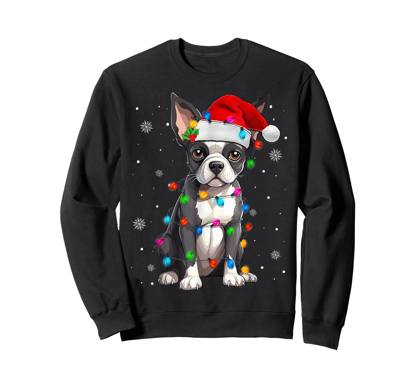 Boston Terrier Christmas Santa Hat Tree Lights Pajama T-Shirt