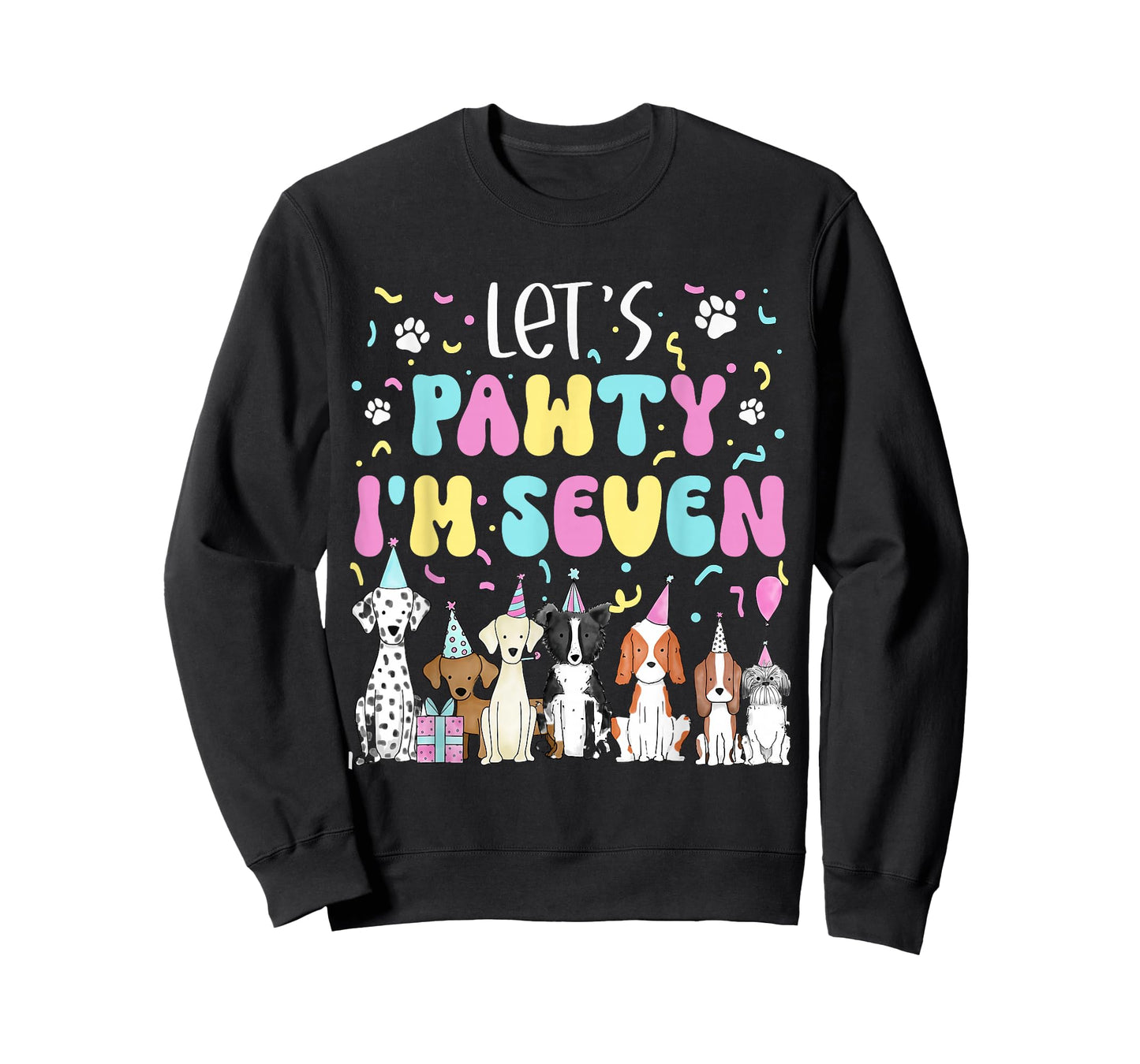 Kids Lets Pawty I'm Seven Pet Puppy Dog Theme Birthday Party T-Shirt