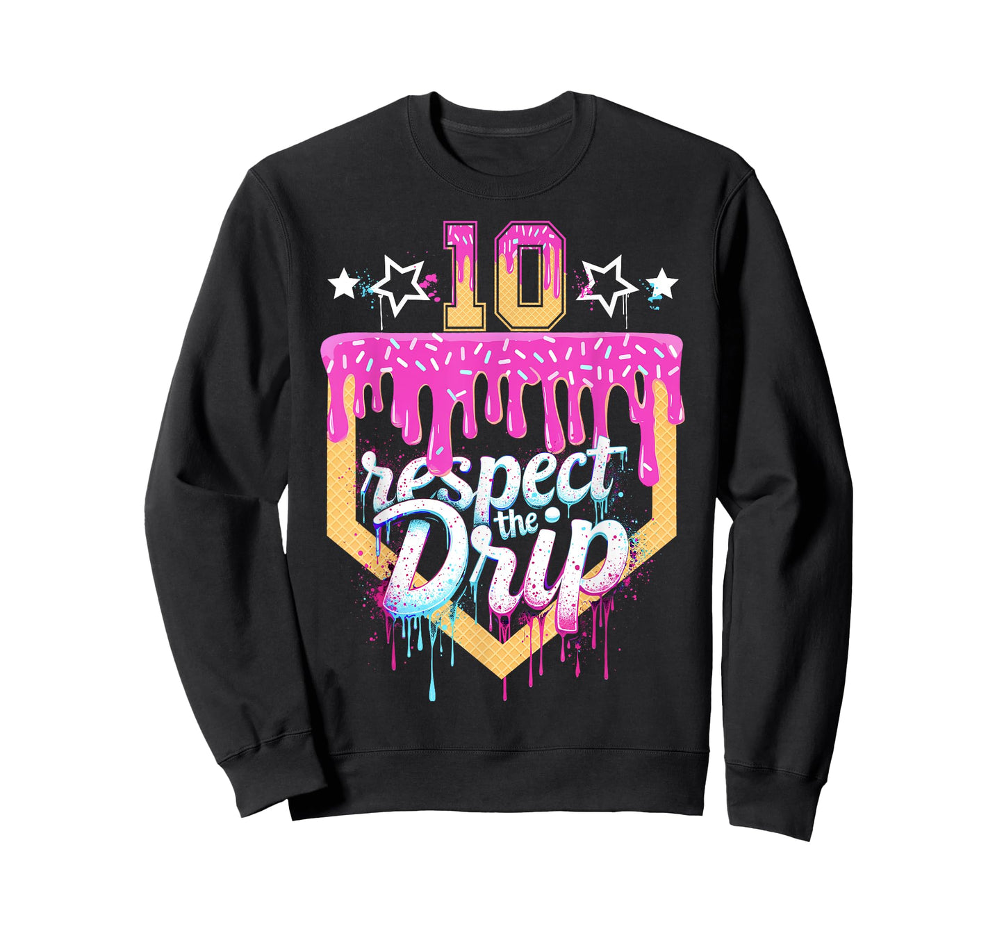 Baseball 10 Year Old Birthday Ice Cream Drip 10th Birthday T-Shirt