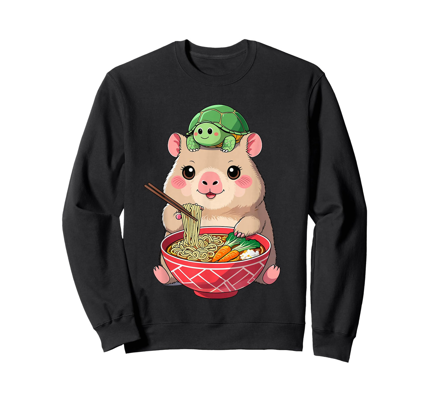 Cute Kawaii Capybara Eating Noodles with Turtle on Head T-Shirt
