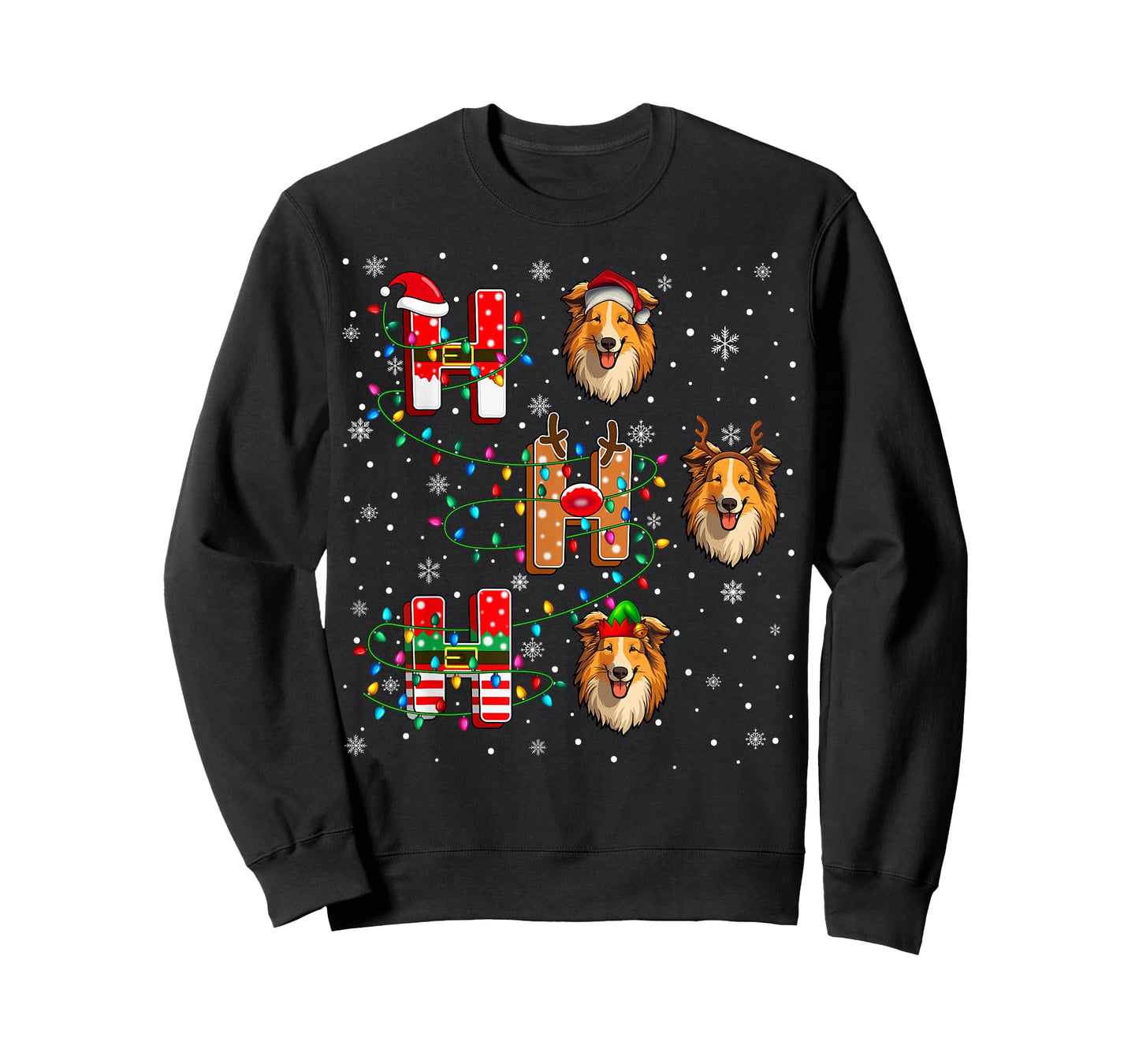 Ho Ho Ho Santa Reindeer Elf Matching Rough Collie Dog Xmas T-Shirt