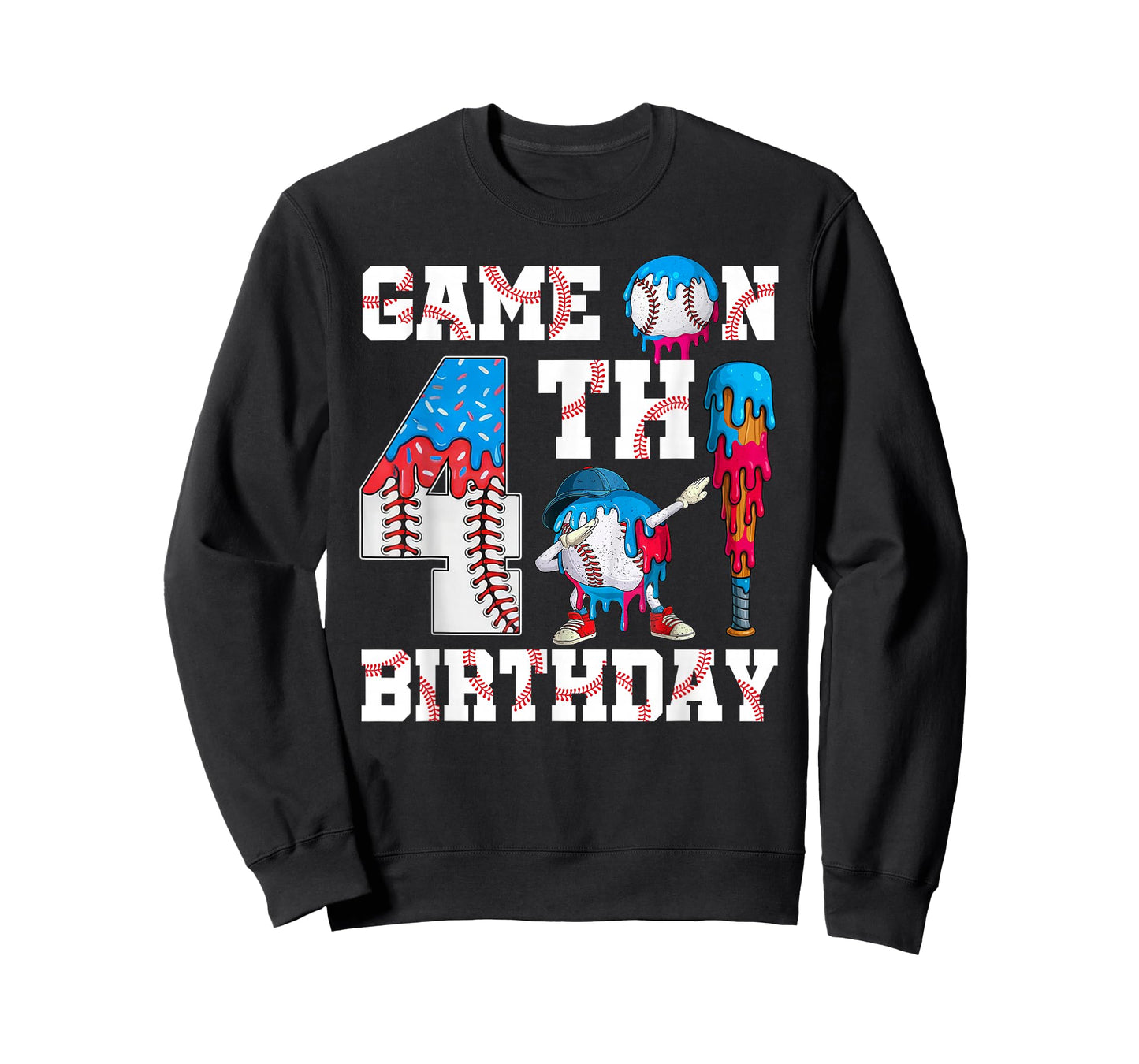 Game On I'm 4th Birthday Baseball Drip Ice Cream 4 Year Old T-Shirt