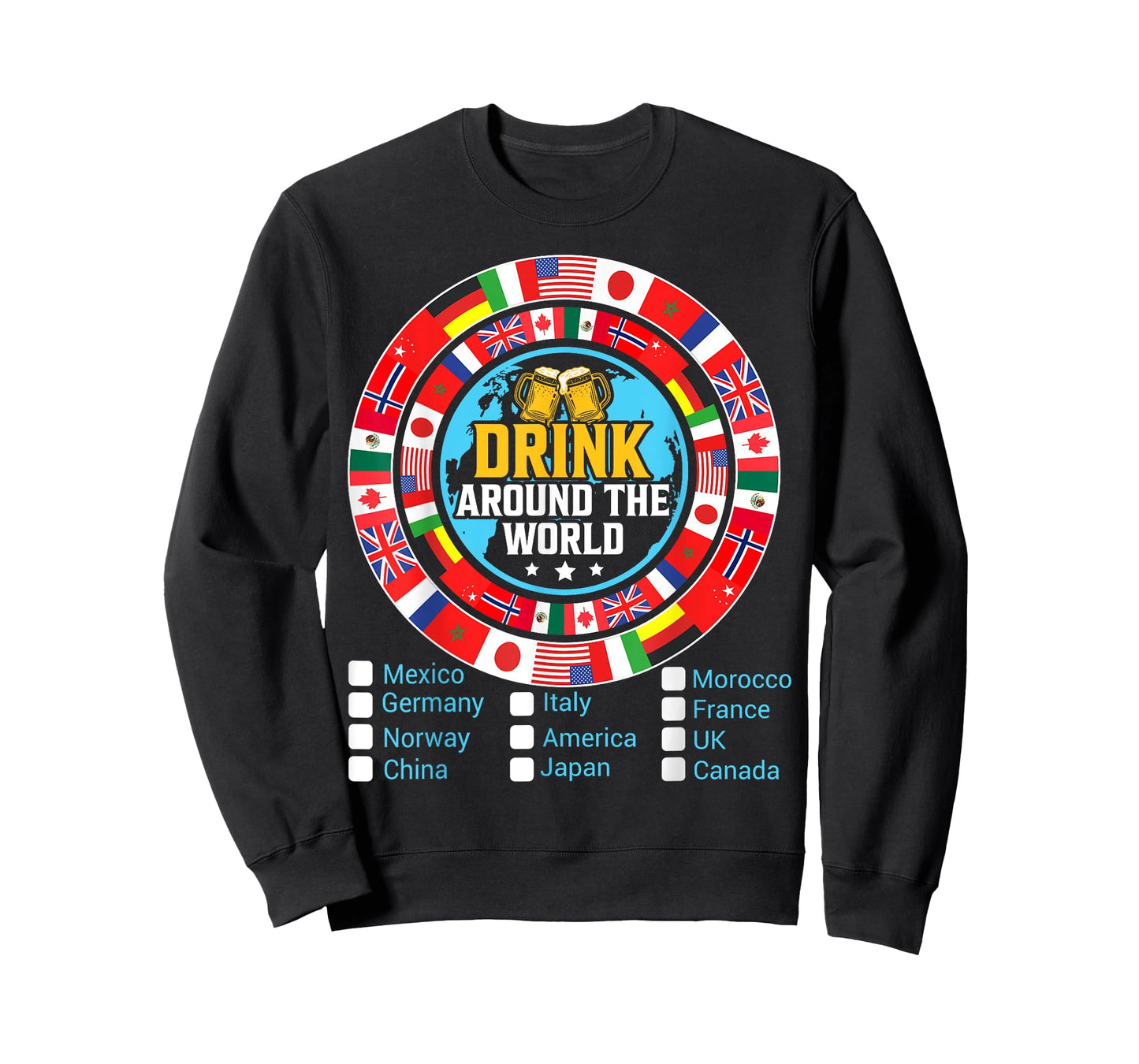Drink Around The World - Vacation Drinking Map Chart T-Shirt, Small, Black