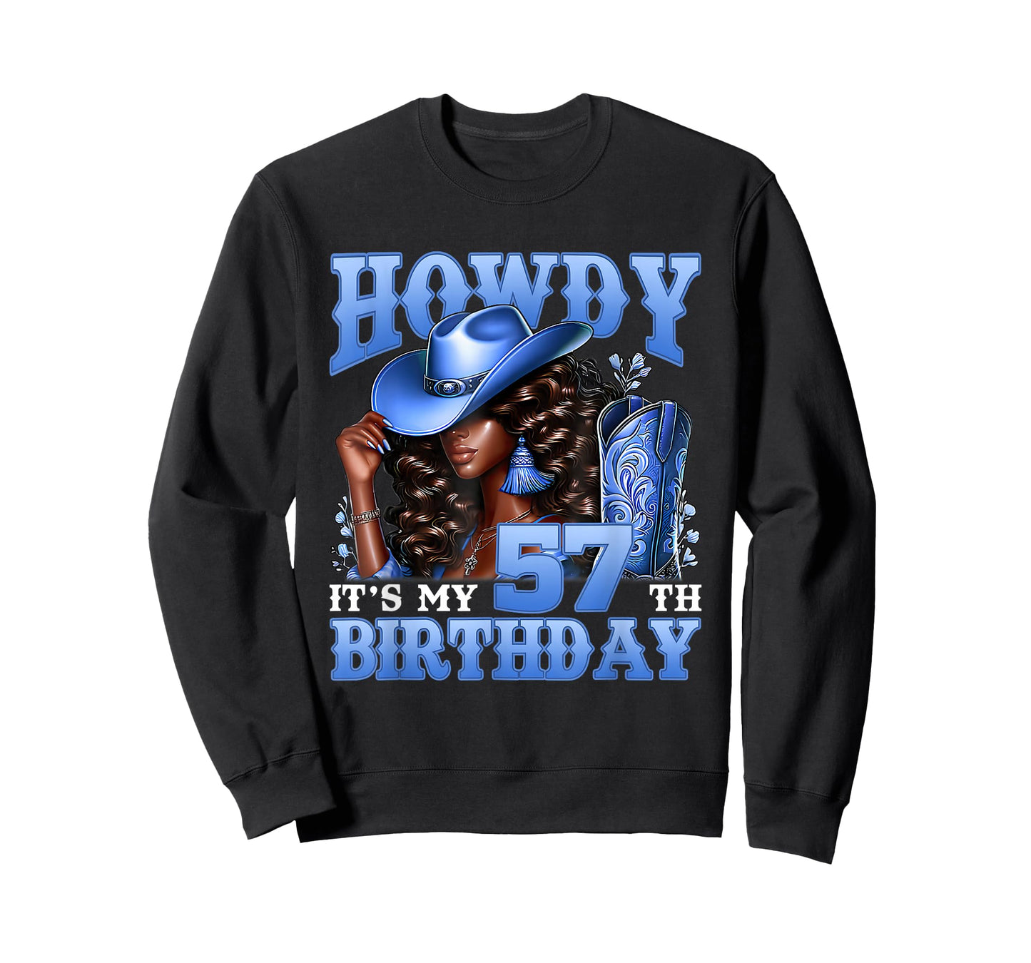 Howdy 57th Birthday Western Cowgirl Hat Boots Black Women T-Shirt