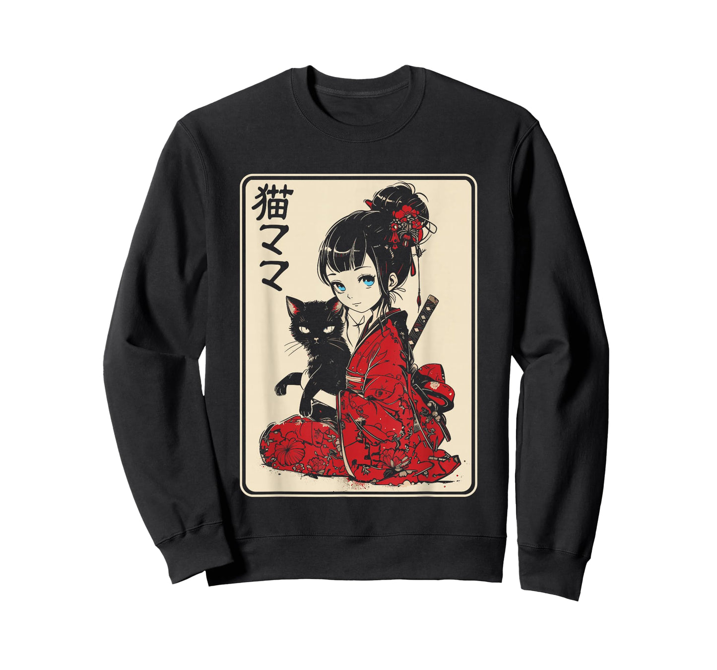 Japanese Gothic Kawaii Anime Samurai Cat Mom Woman Girls T-Shirt