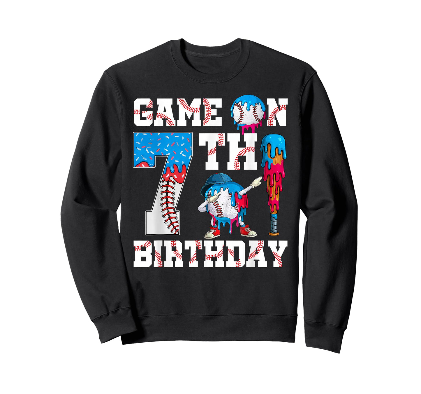 Game On I'm 7th Birthday Baseball Drip Ice Cream 7 Year Old T-Shirt