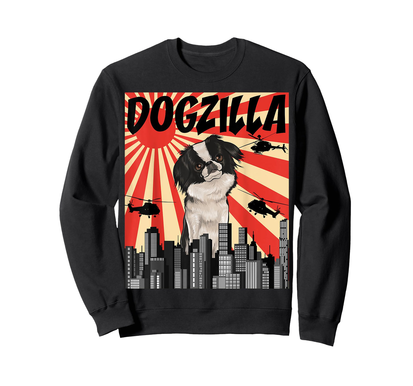 Japanese Chin Owner Gift Funny Retro Dogzilla Japanese Chin Unisex-Adults Black Modern Cartoon T-Shirt