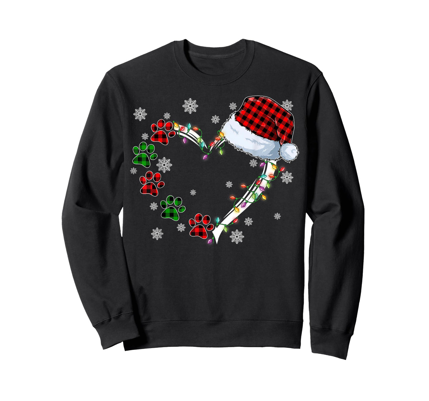 Funny Dog Cat Paws Print Heart Santa Hat Christmas Pajamas T-Shirt
