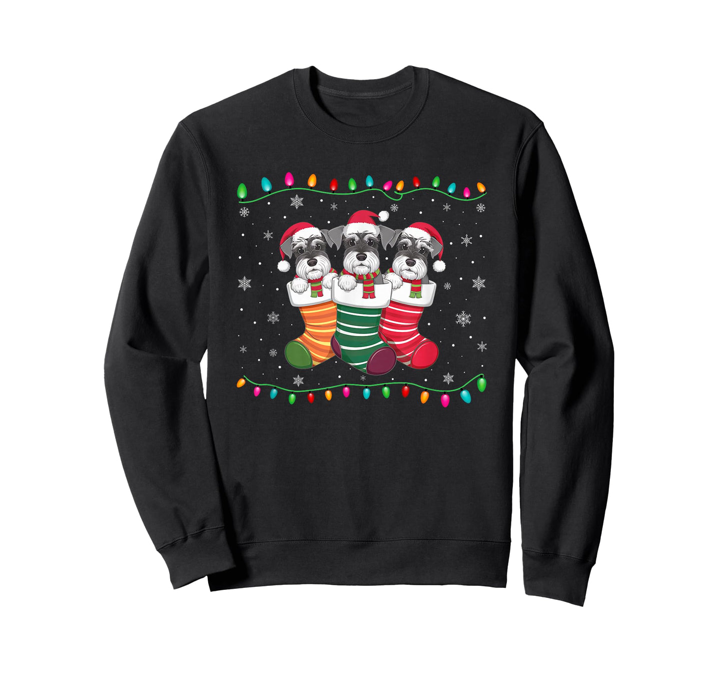 Xmas Tree Lights Funny Schnauzer Dog in Christmas Socks T-Shirt for Men Women Kids