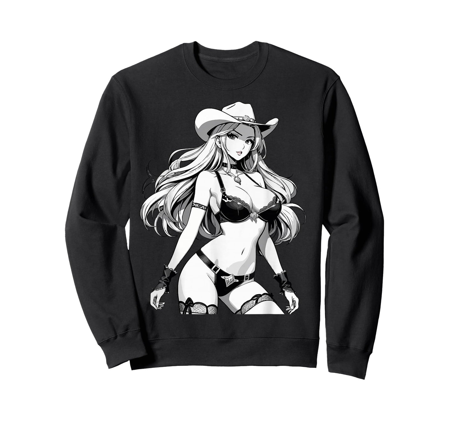 Sexy Waifu Anime Cowgirl Japanese in Black and White Art T-Shirt