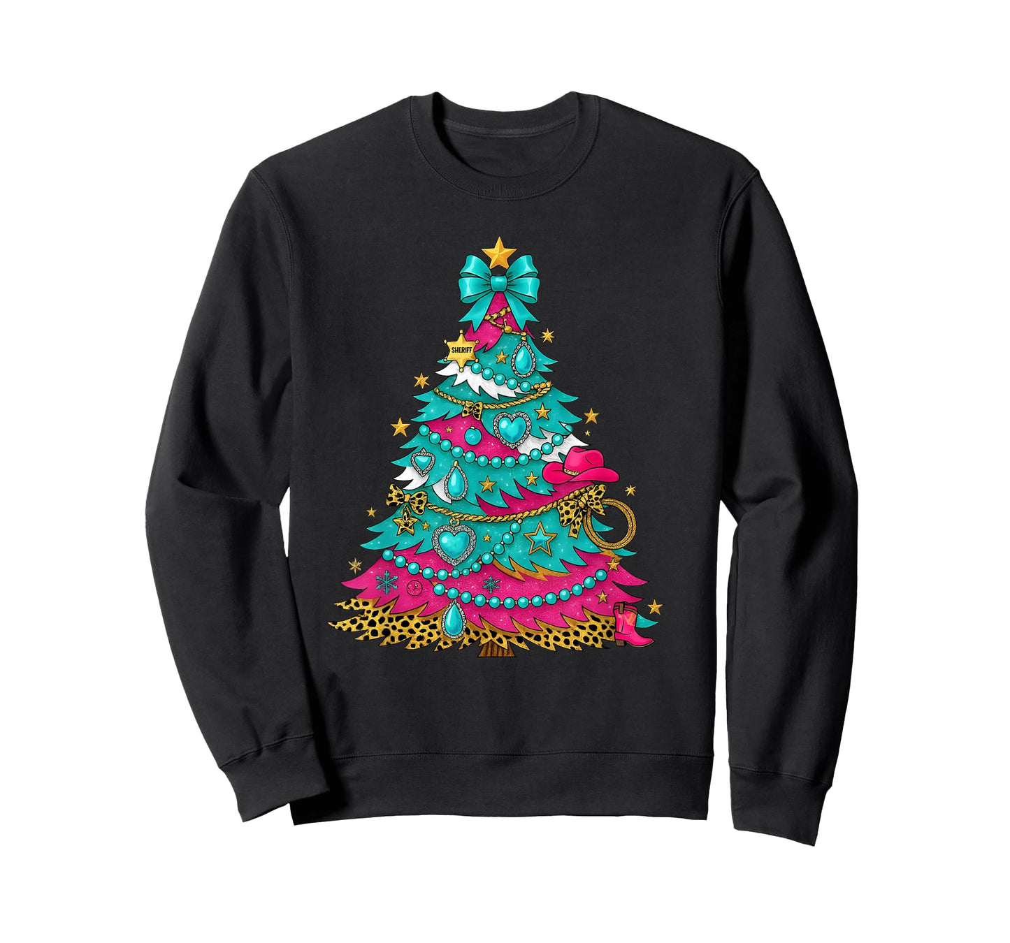 Cowgirl Christmas Tree Turquoise Pink Western Holiday Design T-Shirt