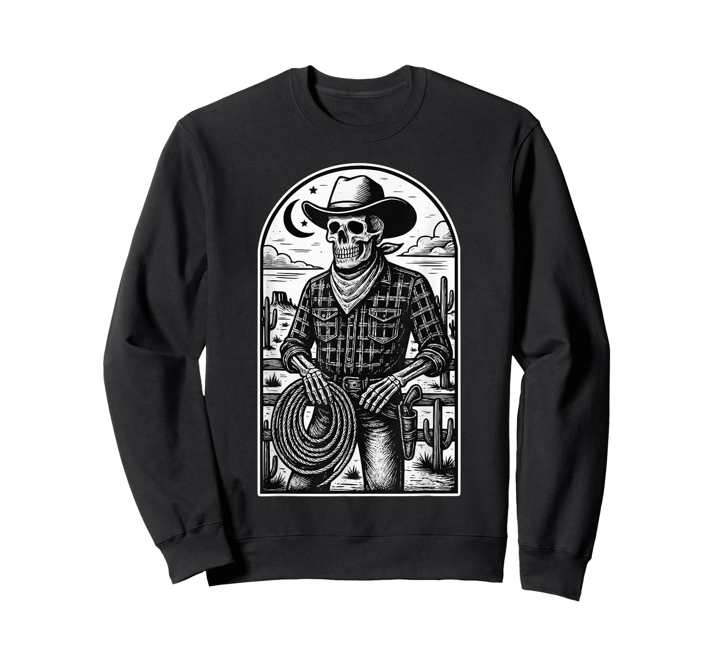 Skeleton Cowboy with Lasso Western Gothic Cactus Desert Moon T-Shirt