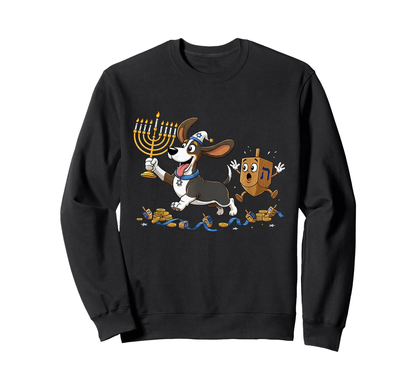 Funny Basset Hound Dreidel Menorah Hanukkah Kids Womens Mens T-Shirt