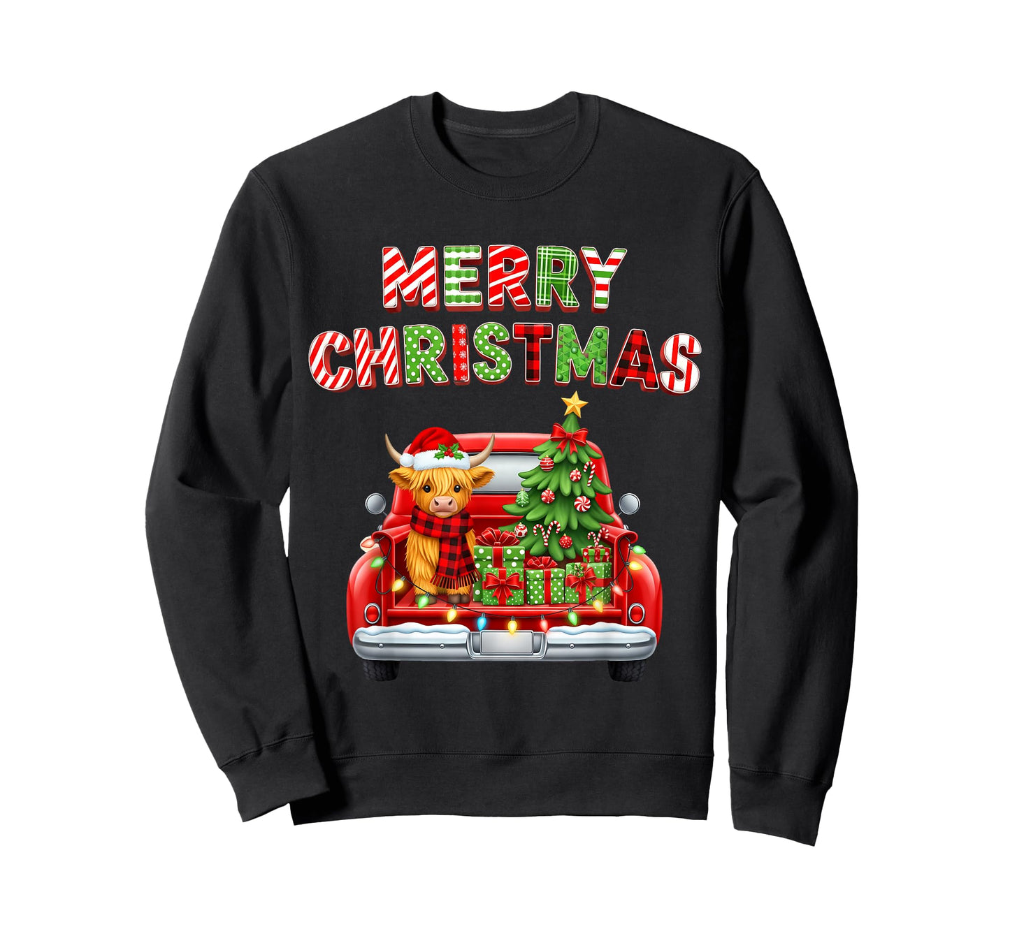 Merry Christmas Highland Cow Red Truck Matching Outfit Xmas T-Shirt