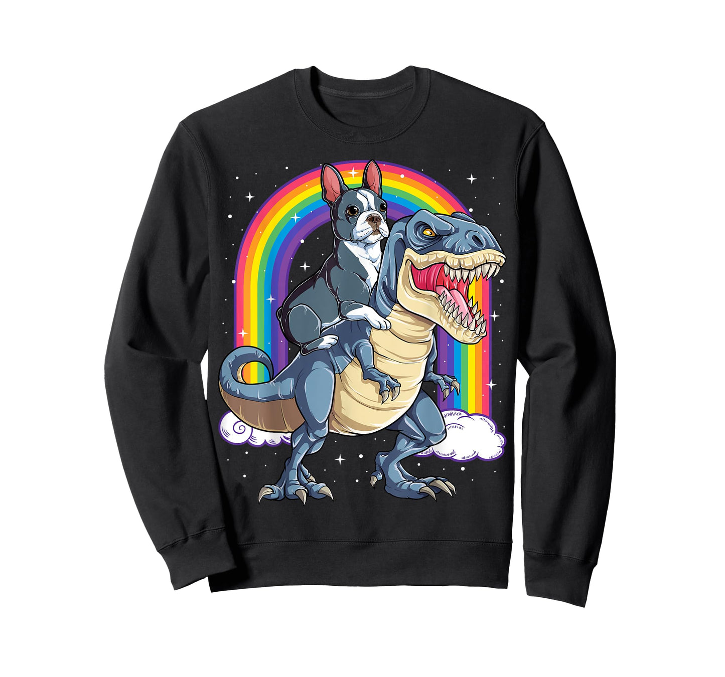 Boston Terrier Riding Dinosaur T-rex Gifts Boys Kids Rainbow T-Shirt