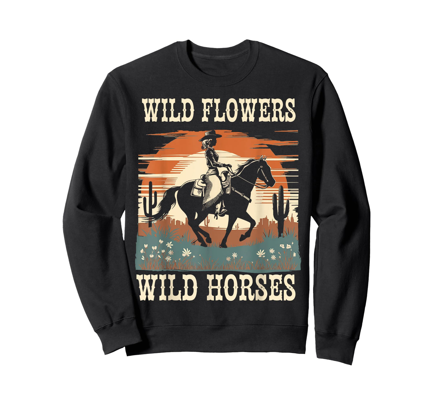 Vintage Retro Cowgirl And Horse Wild Flowers - Wild Horses T-Shirt