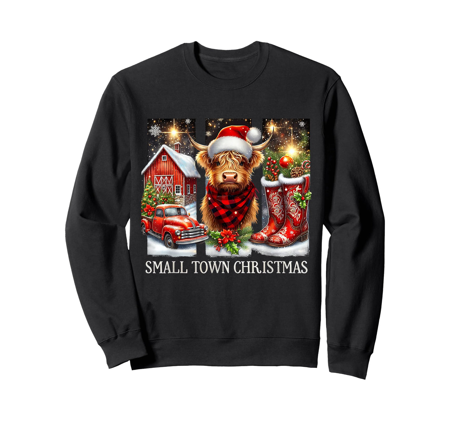 Small Town Christmas Highland Cow Western Art T-Shirt