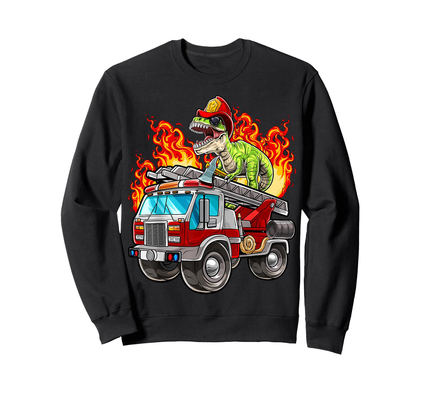 Fireman T Rex Dinosaur Firefighter Hat and Firetruck Boys T-Shirt