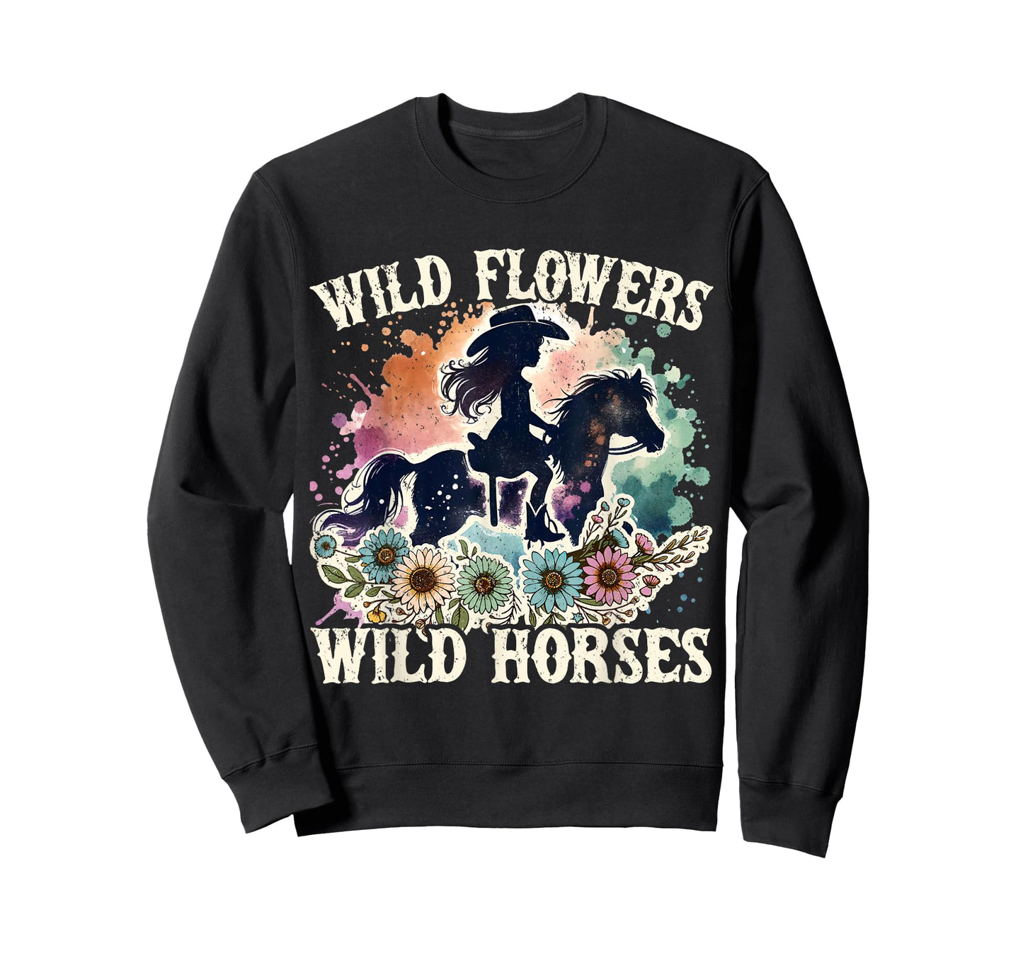 Wild Flowers Wild Horses Retro Southern Sunset Cowgirl Women T-Shirt
