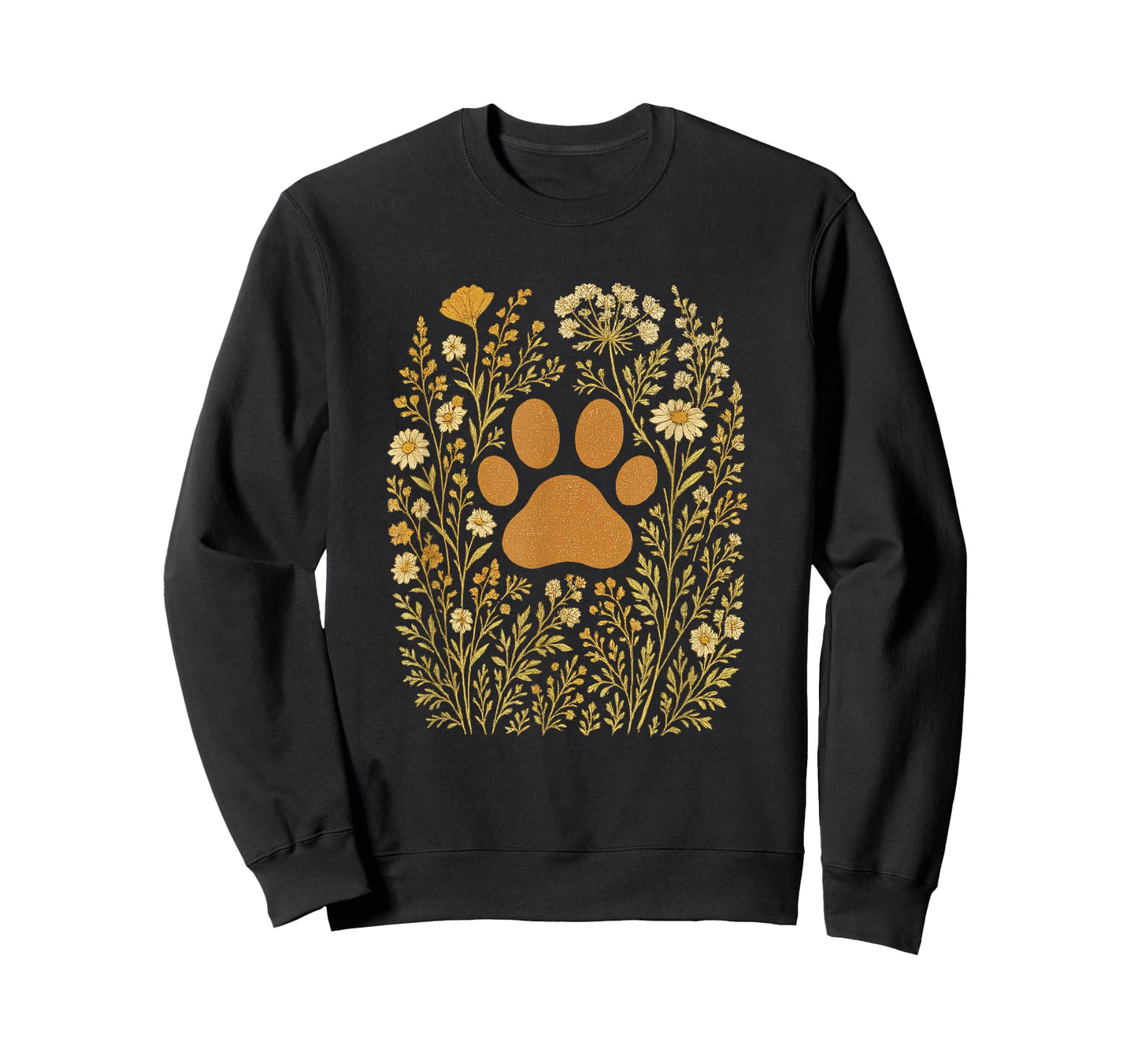 Vintage Boho Paw Print Wildflowers Distressed Earth Tone T-Shirt