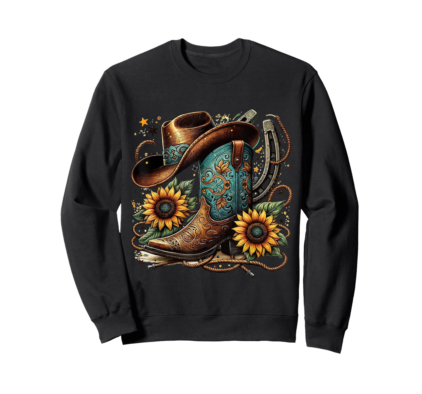 Western Cowboy Boot Horseshoe Sunflower Rope Cowgirl Boot T-Shirt, Small, Black