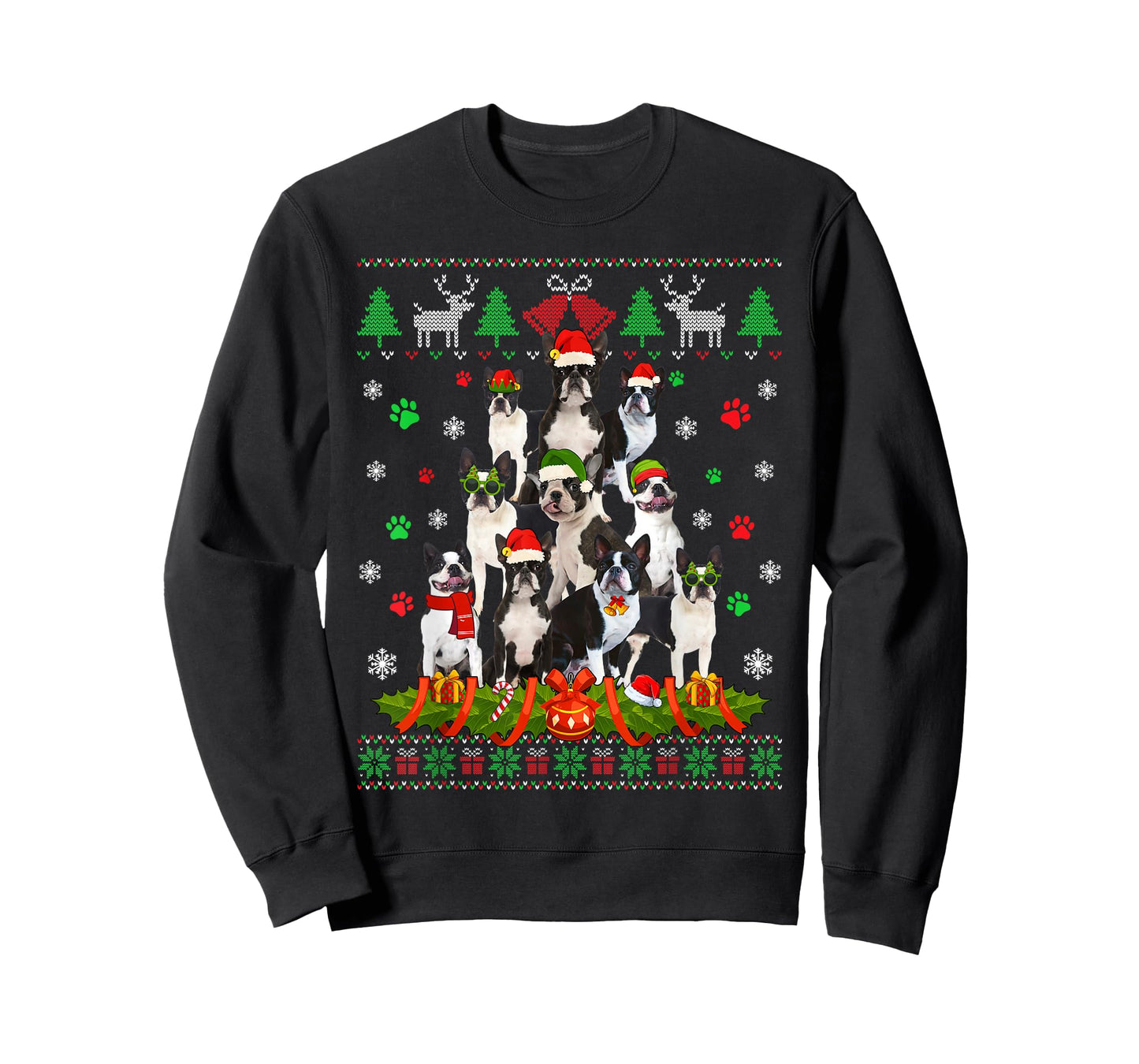Ugly Sweater Christmas Tree Boston Terrier Dog Xmas Pajama T-Shirt