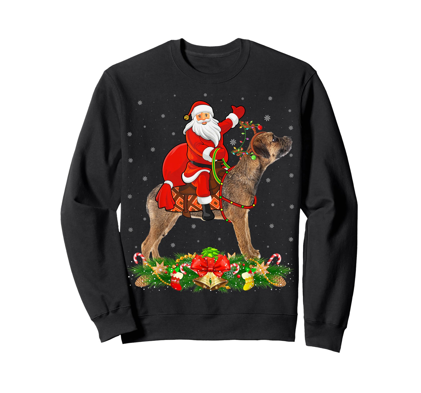 Xmas Matching Funny Santa Riding Border Terrier Christmas T-Shirt