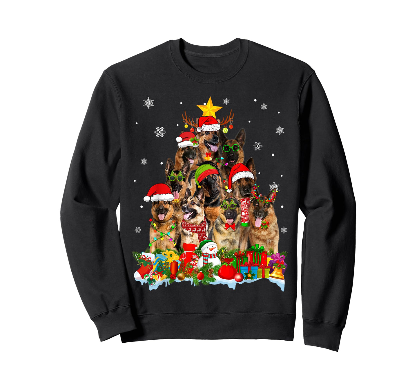 German Shepherd Dog Christmas Tree Lights Xmas Santa Hat T-Shirt