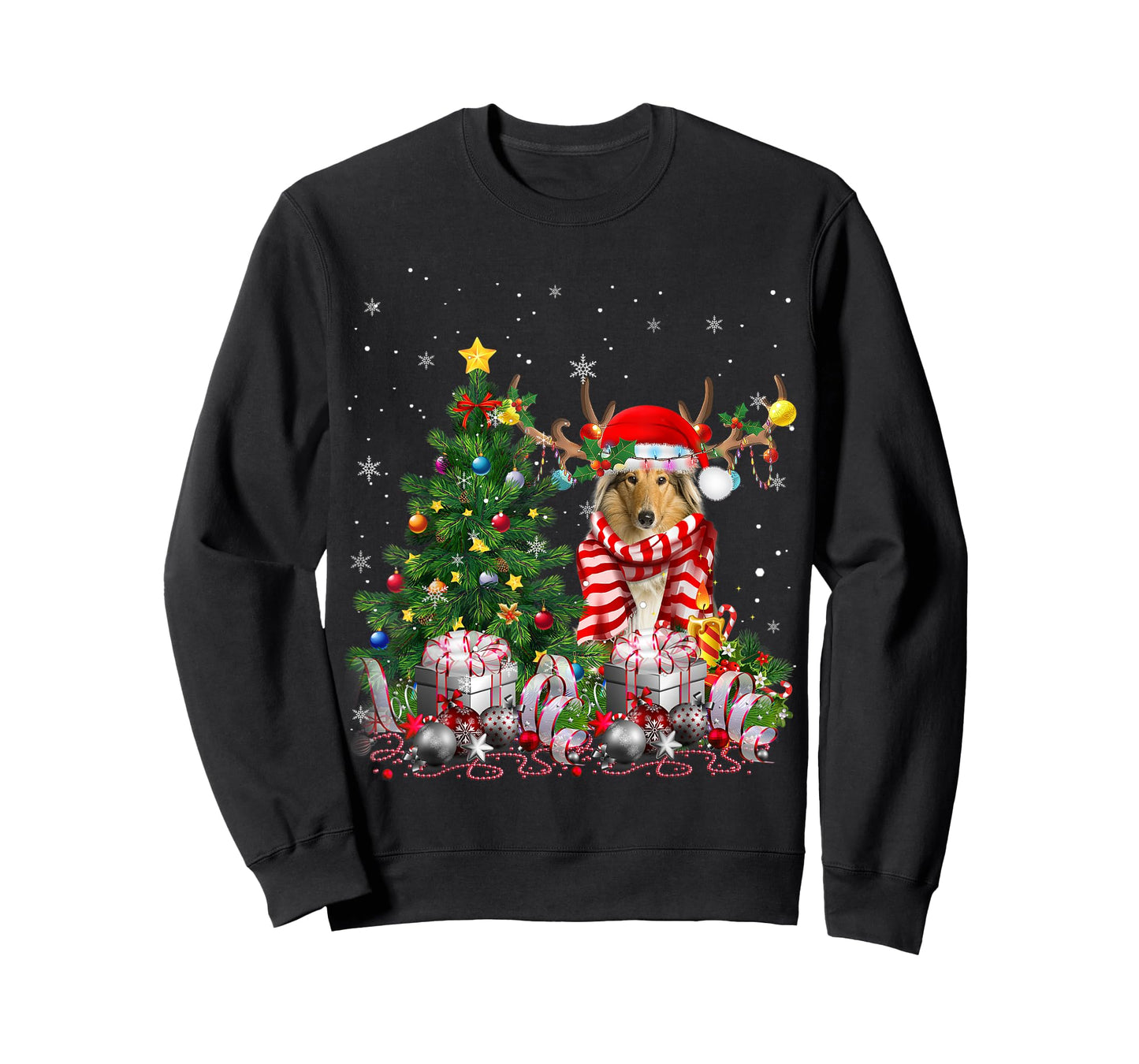 Scotch Collie Dog Christmas Tree Lights Santa Pajamas Xmas Men Women Kids T-Shirt