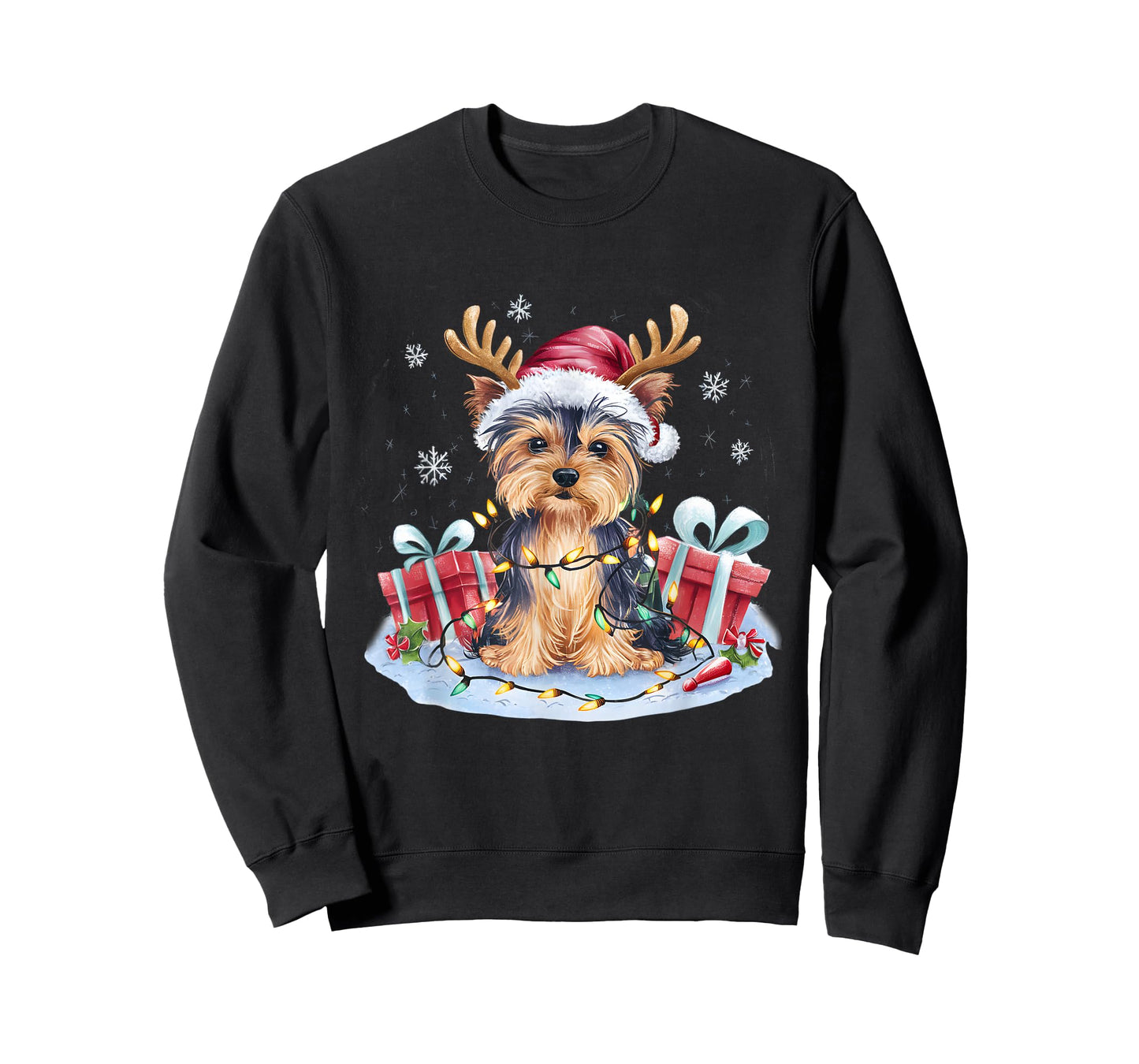 Funny Santa Yorkie Dog Reindeer Christmas Lights Dog Lover T-Shirt