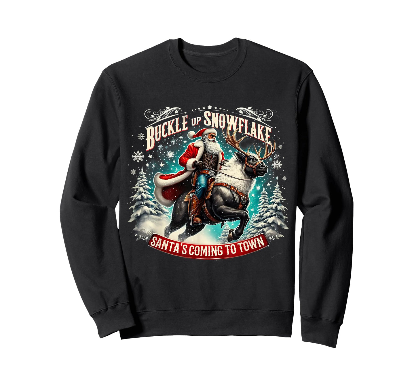 Buckle Up Snowflake Funny Cowboy Santa Design T-Shirt