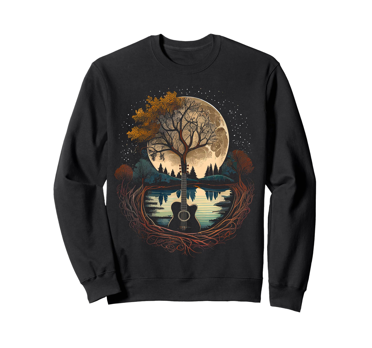 Acoustic Guitar Tree and Moon By The Lake Guitarist T-Shirt