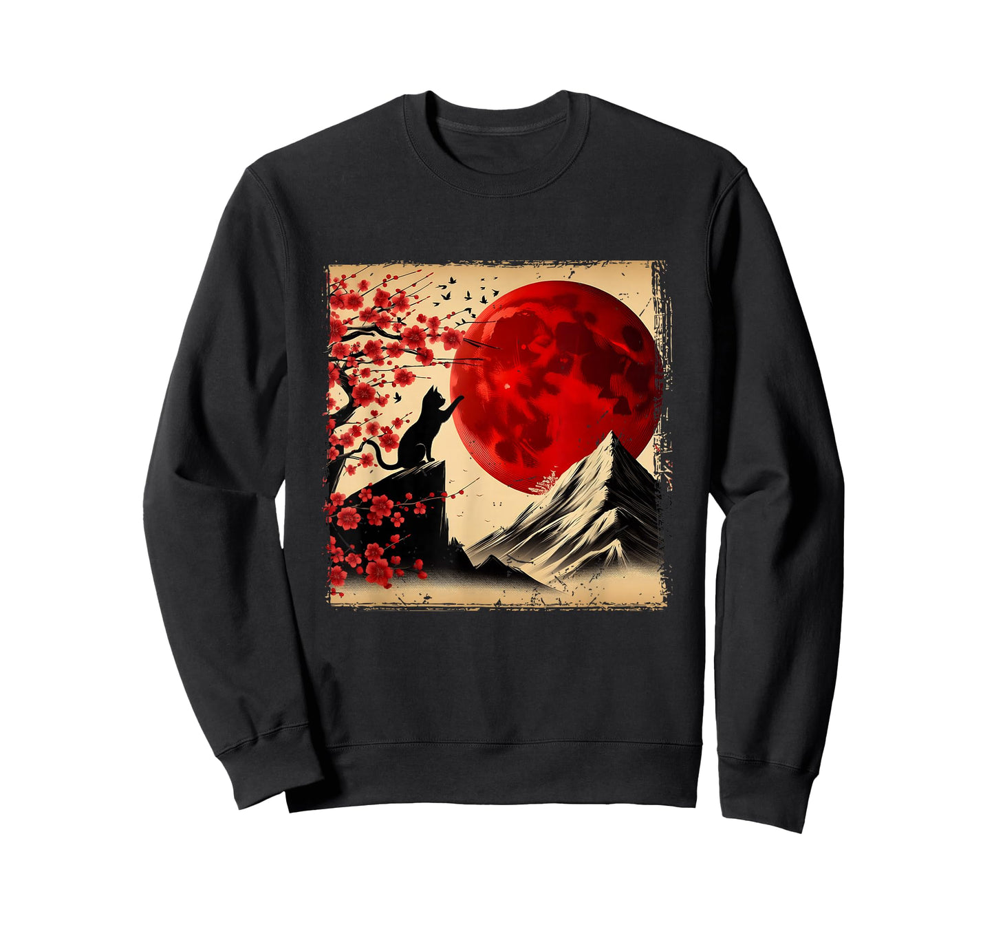 Cat Silhouette Cherry Blossoms Red Moon Japanese T-Shirt