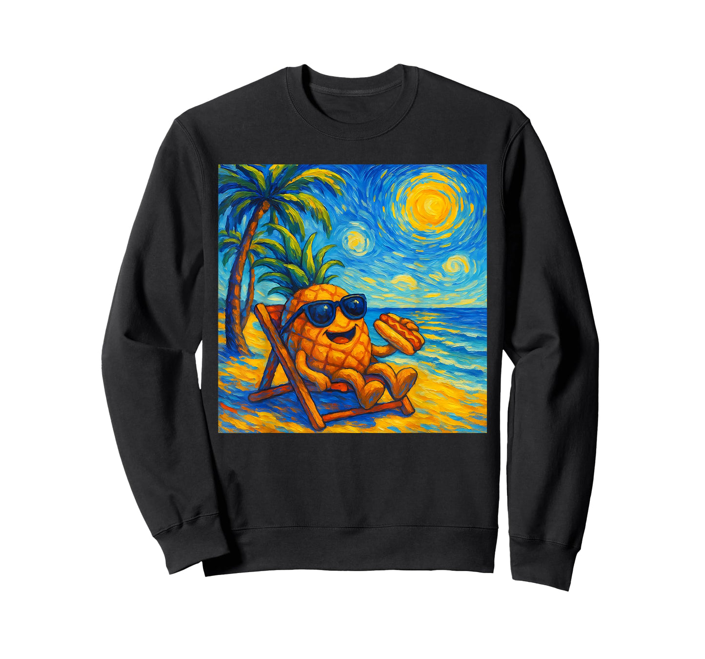 Pineapple Eating Hotdogs Van Gogh Art Funny Beach Summer T-Shirt