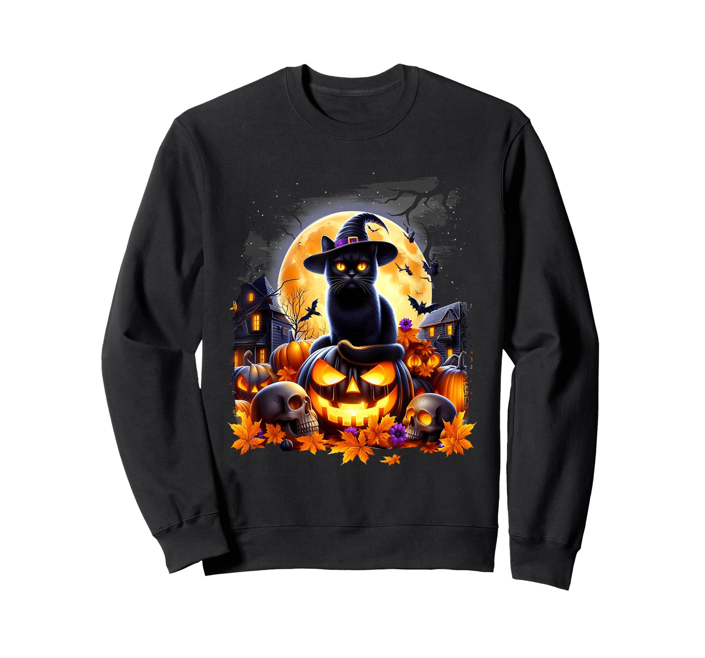 Halloween Black Cat Pumpkins Skulls HauntedHouse Under Moon T-Shirt